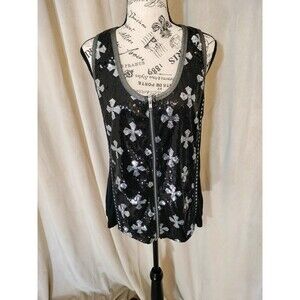 NWT! Platinum Plush Black Silver Sequined Studded Zip Front Tank/Vest. Size XL